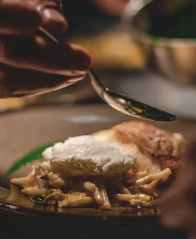 A chef adding the finishing touches to a plate of fish with a creamy sauce.